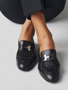 Hermes Black Leather Fringe Kiltie Mules with Silver H Logo